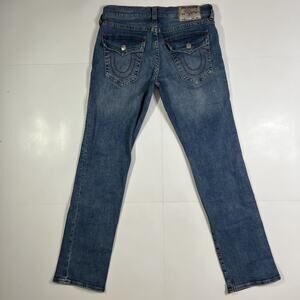 True Religion Jeans Mens 34x34 Straight Stretch Medium Wash Red Stiches w/ Flap